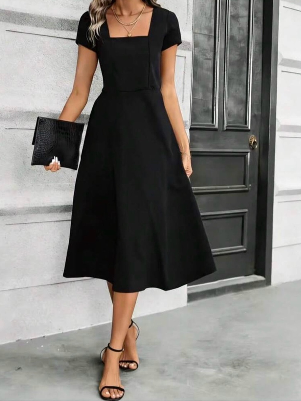 NWT XL Classic Black Square Neck Midi Dress